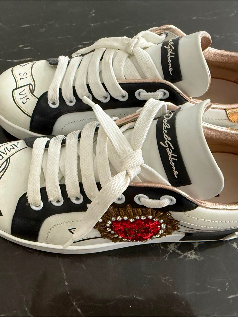 Dolce & Gabbana Women’s White & Black Embellished Heart Sneaker